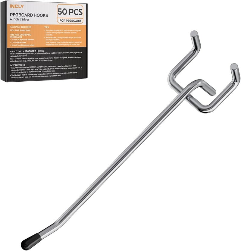INCLY 50 Pack Pegboard Hooks, 4 Inch Metal Peg Board Hooks Accessories, Peg Board Tool Hangers Fit for 1/8“ and 1/4" Pegboard Hanging Tools for Garage, Craft Room, Kitchen, Store - Image 1